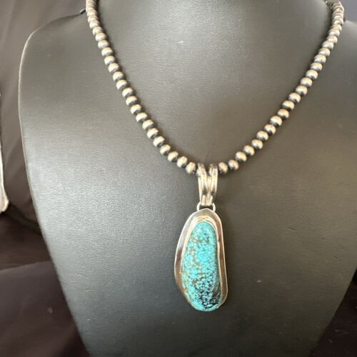 Men's Blue Spiderweb Turquoise Pendant Necklace | Navajo Sterling Silver | Authentic Native American Handmade | 14971