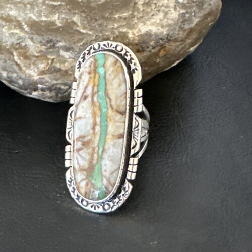 Navajo Ribbon Boulder Green Turquoise Ring | Sterling Silver | Sz 10 | Authentic Native American Handmade | 16253