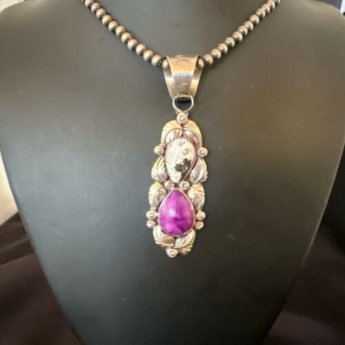 Navajo Pearls Pendant | White Buffalo Turquoise & Sugilite | Sterling Silver | Native American Handmade | 16869