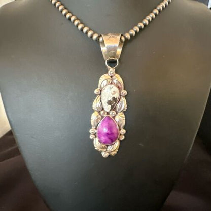 Navajo Pearls Pendant | White Buffalo Turquoise & Sugilite | Sterling Silver | Native American Handmade | 16869