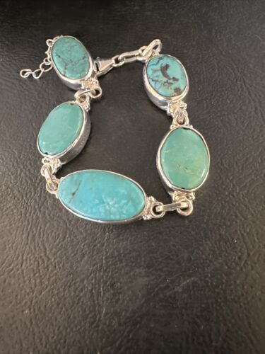Navajo Blue Turquoise Link Bracelet | Sterling Silver | 8" | Authentic Native American Handmade | 15465