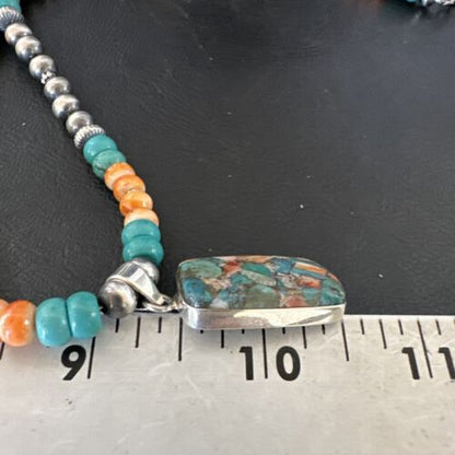 Navajo Spiny Turquoise Pendant Necklace | Sterling Silver | 22" | Authentic Native American Handmade | 17431