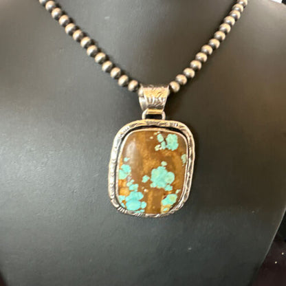 Navajo Blue Turquoise #8 Pendant | Sterling Silver Necklace with Pearls | Authentic Native American Handmade | 16350