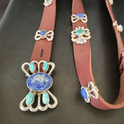 Men's Kingman Turquoise Lapis Concho Belt | Sterling Silver Navajo Tufa | Authentic Native American Handmade | 16682 - Masha USA
