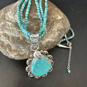 Navajo Blue Turquoise Pendant | Sterling Silver 3-Strand Bead Necklace | 17" | Authentic Native American Handmade | 15996