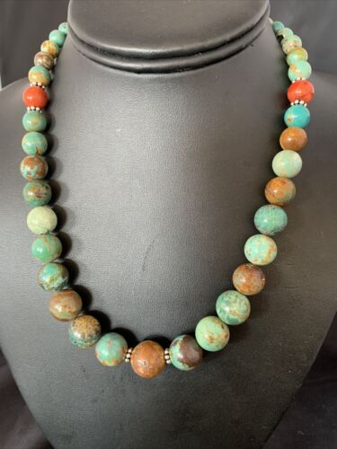 Navajo Green Turquoise & Apple Coral Graduated Necklace | Sterling Silver | Authentic Native American | 18" | 13204