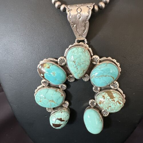 Navajo Blue Turquoise #8 Squash Blossom Naja Pendant Necklace | Sterling Silver | Authentic Native American Handmade | 16907