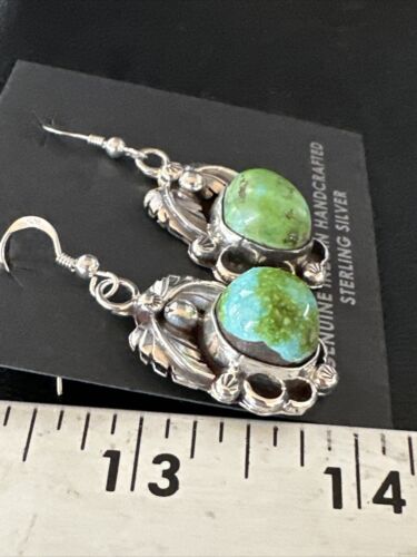 Navajo Green Sonoran Gold Turquoise Dangle Earrings | Sterling Silver | Authentic Native American Handmade | 14915