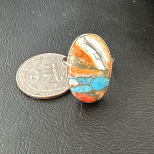 Navajo Turquoise Spiny Oyster Ring | Sterling Silver | Sz 8 | Authentic Native American Handmade | 16609 - Masha USA