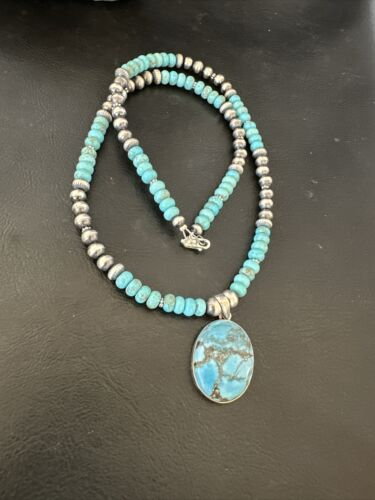 Navajo Men's Blue Spiderweb Turquoise Pendant Necklace | Sterling Silver | Authentic Native American Handmade | 17116