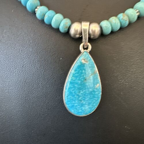 Navajo Pearls Kingman Turquoise Necklace | Sterling Silver Pendant | Authentic Native American Handmade | 17125
