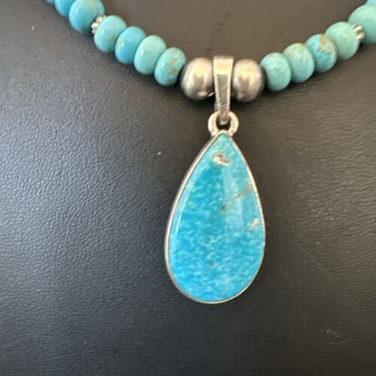 Navajo Pearls Kingman Turquoise Necklace | Sterling Silver Pendant | Authentic Native American Handmade | 17125