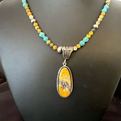 Navajo BumbleBee Jasper Pendant Necklace | Sterling Silver Pearls | Authentic Native American Handmade | 16879