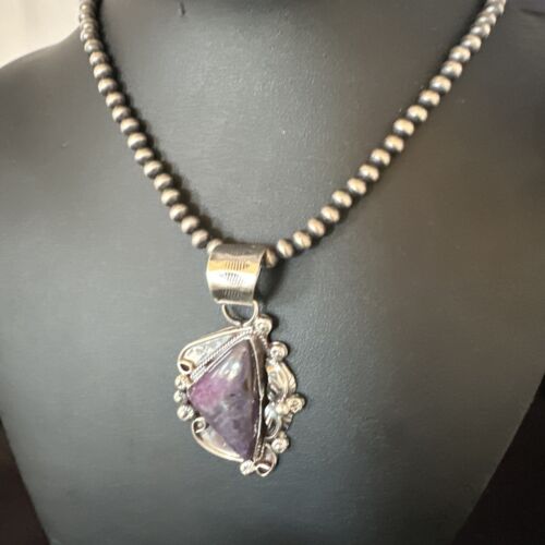 Navajo Purple Sugilite Pendant with Pearls | Sterling Silver Bead Necklace | Authentic Native American Handmade | 15412