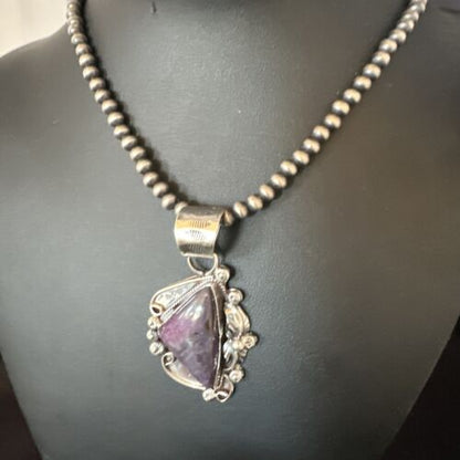 Navajo Purple Sugilite Pendant with Pearls | Sterling Silver Bead Necklace | Authentic Native American Handmade | 15412