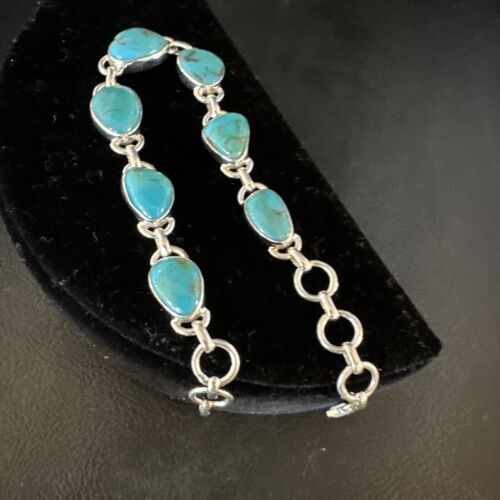 Navajo Blue Turquoise Link Bracelet | Sterling Silver | 8" | Authentic Native American Handmade | 15475