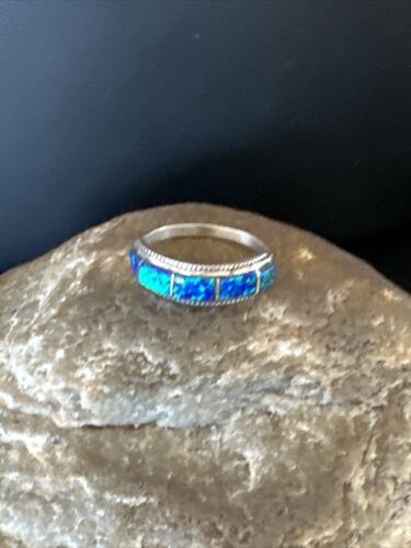 Navajo Blue Opal Inlay Ring | Sterling Silver | Sz 7.5 | Authentic Native American Handmade | 16433