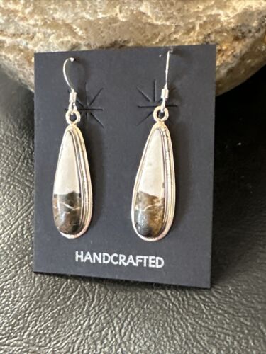 Navajo White Buffalo Turquoise Dangle Earrings | Sterling Silver | Authentic Native American Handmade | 16521
