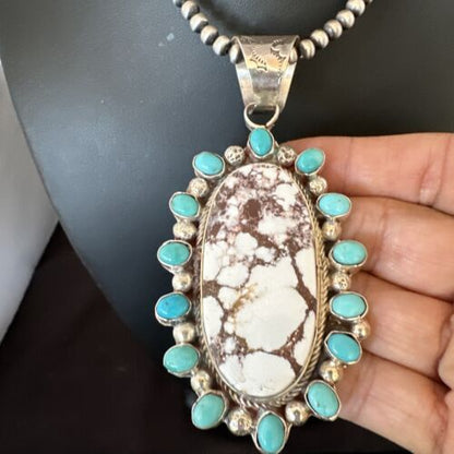 Navajo Wild Horse Turquoise Pendant | Sterling Silver | Native American Handmade | 17147