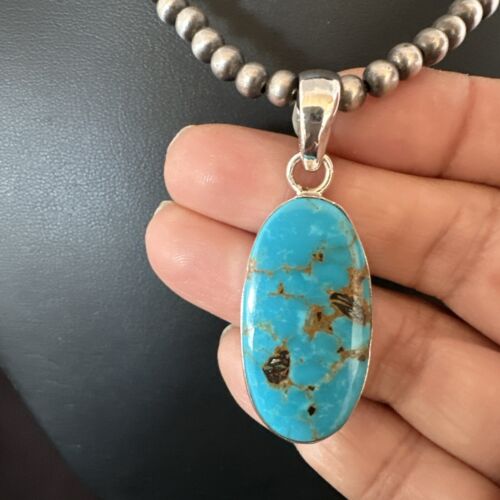 Navajo Blue Kingman Turquoise Pendant with Pearls | Sterling Silver Necklace | 20" | 16994