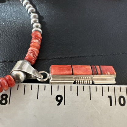 Navajo Pearls Sterling Silver Necklace with Lapis and Red Spiny Oyster Inlay Pendant | 17119