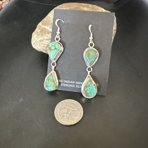 Navajo Green Royston Turquoise Dangle Earrings | Sterling Silver | Authentic Native American Handmade | 16495