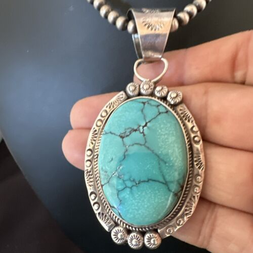 Men's Blue Spiderweb Turquoise Pendant Necklace | Navajo Sterling Silver | Authentic Native American Handmade | 17124