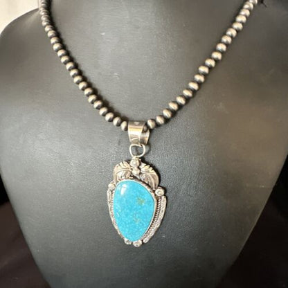 Navajo Kingman Turquoise Pendant Necklace | Sterling Silver Pearls | Authentic Native American Handmade | 15210
