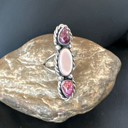 Navajo Purple Spiny Oyster & Mother of Pearl Cluster Ring | Authentic Native American Sterling Silver | Multi-Stone | Sz 7 | 17646