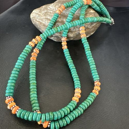 Navajo Green Turquoise Spiny Oyster Necklace | Sterling Silver | 21" | Authentic Native American Handmade | 10123