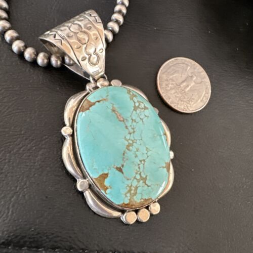 Navajo Blue Turquoise #8 Pendant | Sterling Silver Pearls Necklace | Authentic Native American Handmade | 17169