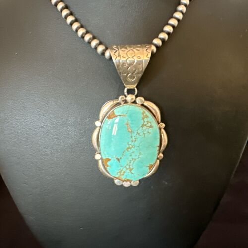 Navajo Blue Turquoise #8 Pendant | Sterling Silver Pearls Necklace | Authentic Native American Handmade | 17169