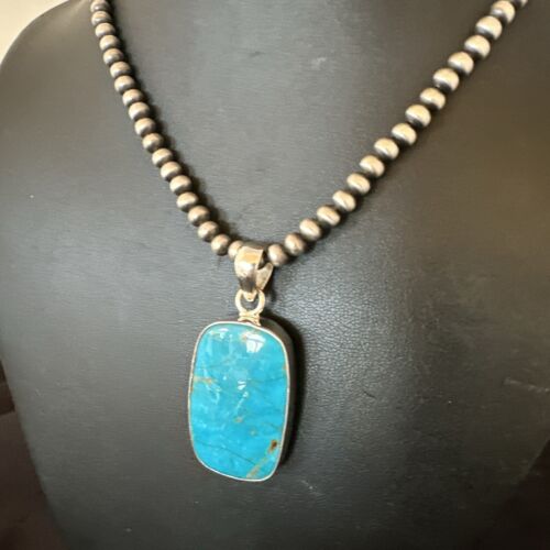 Blue Kingman Turquoise Pendant | Navajo Pearls | Sterling Silver Necklace 20" | 16996
