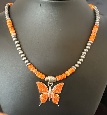 Navajo Butterfly Orange Spiny Oyster Inlay Sterling Silver Pendant Necklace | 15428