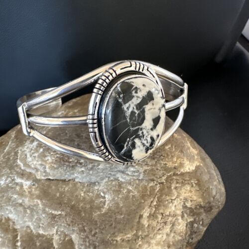 Navajo White Buffalo Turquoise Cuff Bracelet | Sterling Silver | Authentic Native American Handmade | 16251