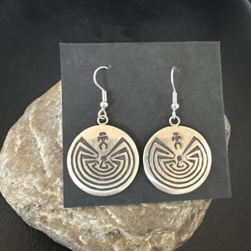 Hopi Man in the Maze Dangle Earrings | Sterling Silver | Authentic Native American Handmade | 16842