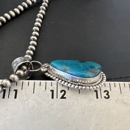 Navajo Pearls Kingman Turquoise Pendant Necklace | Sterling Silver | Authentic Native American Handmade | 17129