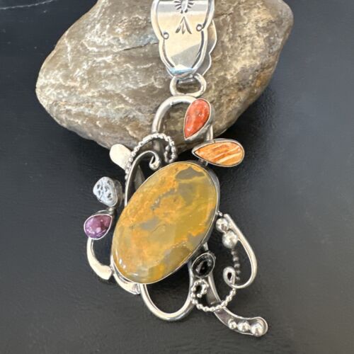 Navajo Sterling Silver Spiny Bumblebee Necklace Pendant | Multi-Stone | Authentic Native American Handmade | 16106