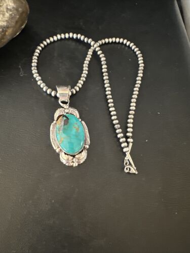 Navajo Pearls Necklace with Blue Turquoise Pendant | Sterling Silver | Authentic Native American Handmade | 14879