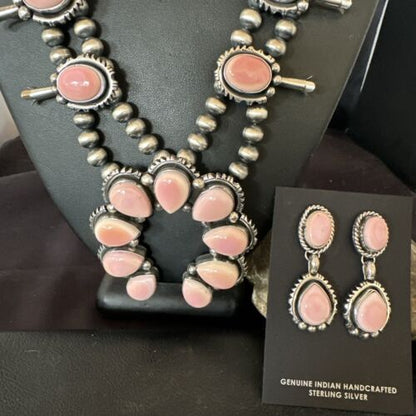Navajo Pink Conch Squash Blossom Necklace with Naja Pendant | Authentic Native American Handmade | 17441