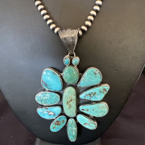 Navajo Blue Kingman Turquoise Cluster Pendant Necklace | Sterling Silver | Native American Handmade | 16797