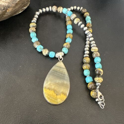 Men's BumbleBee Jasper Pendant Necklace | Navajo Pearls | Sterling Silver | Authentic Native American Handmade | 16875 - Masha USA