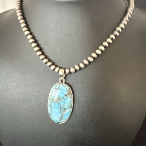 Navajo Blue Spiderweb Turquoise Pendant Necklace | Sterling Silver | Authentic Native American Handmade | 17025