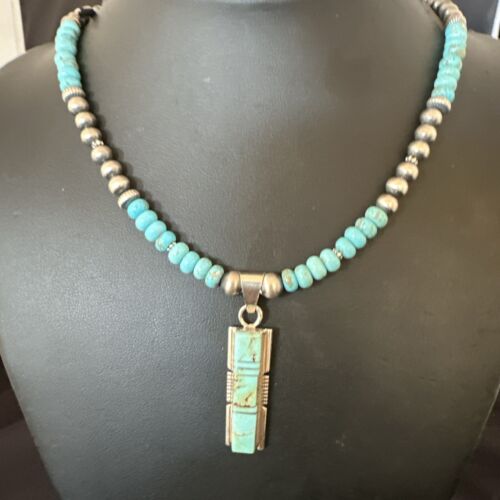 Turquoise #8 Inlay Pendant Necklace | Navajo Sterling Silver | Authentic Native American Handmade | 17121