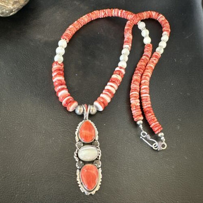 Navajo Red Spiny Oyster Mother of Pearl Pendant Necklace | Sterling Silver | Native American Handmade | 17658
