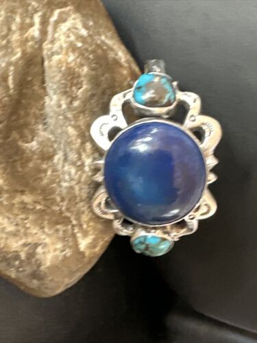 Kingman Turquoise Lapis Cuff Bracelet | Navajo Tufa Cast | Sterling Silver | Authentic Native American Handmade | 16783