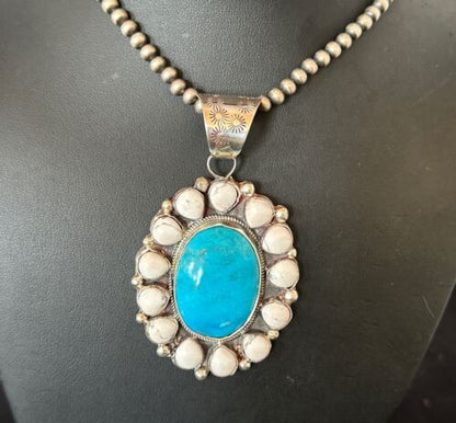 Navajo Blue Turquoise White Cluster Pendant Necklace | Sterling Silver | Multi-Stone | 17391