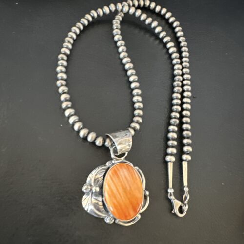 Navajo Orange Spiny Oyster Pendant Necklace | Sterling Silver | Authentic Native American Handmade | 15629