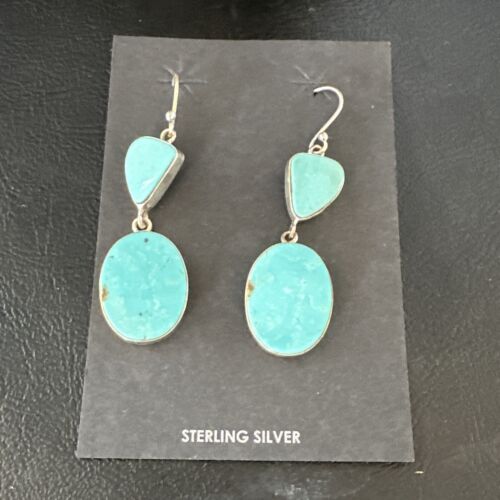 Navajo Blue Kingman Turquoise Dangle Earrings | Sterling Silver | Authentic Native American Handmade | 15107