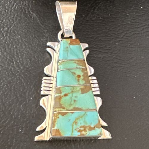Navajo Blue #8 Turquoise Inlay Pendant | Sterling Silver | 2" | Authentic Native American Handmade | 15682